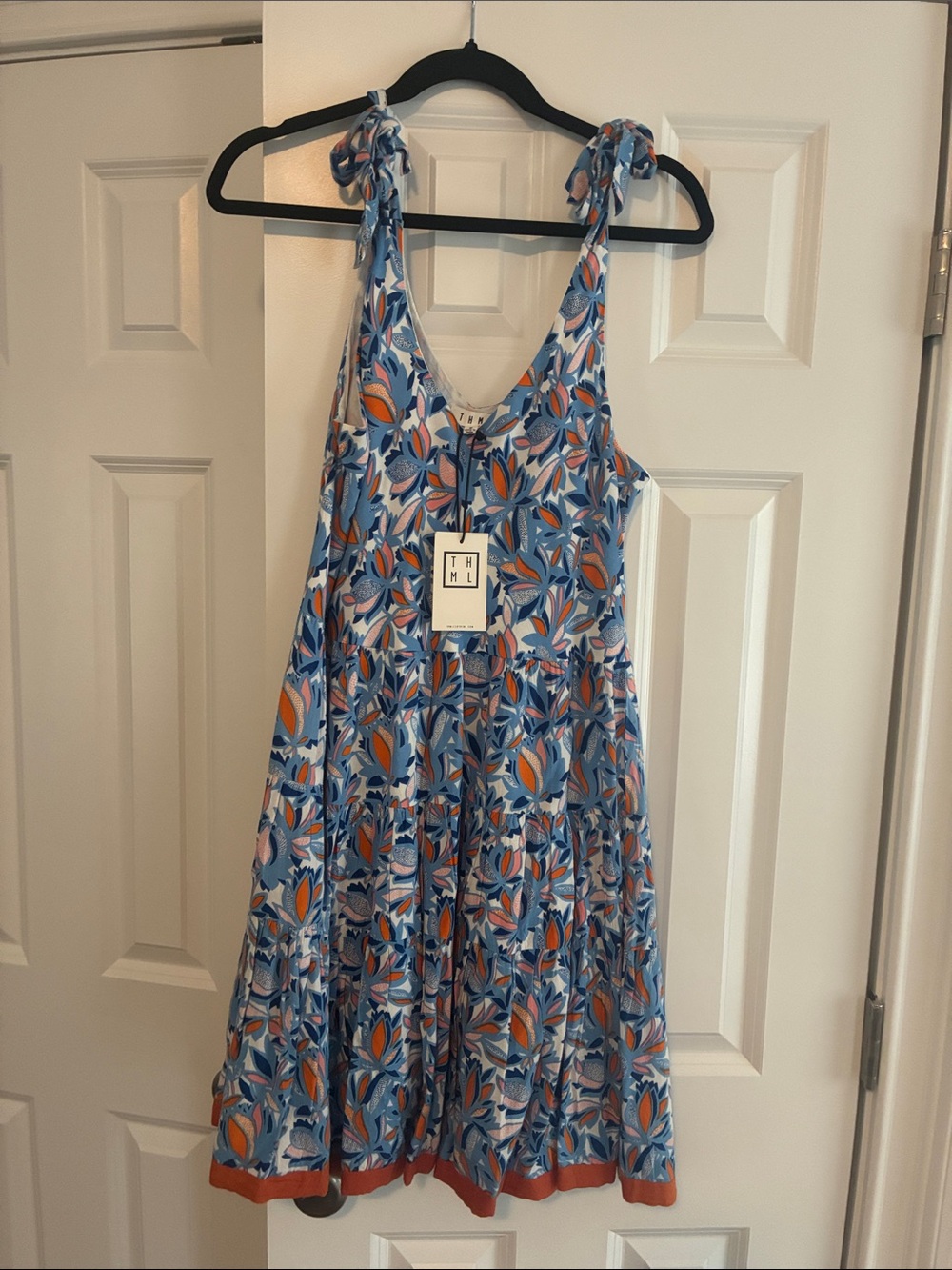 NWT! THML Blue Floral Tie-Shoulder Dress with Orange Accents